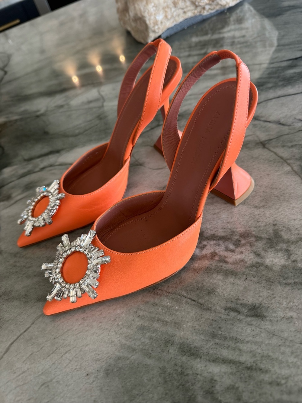 Amina Muaddi Orange Crystal Sunburst Slingback Pumps